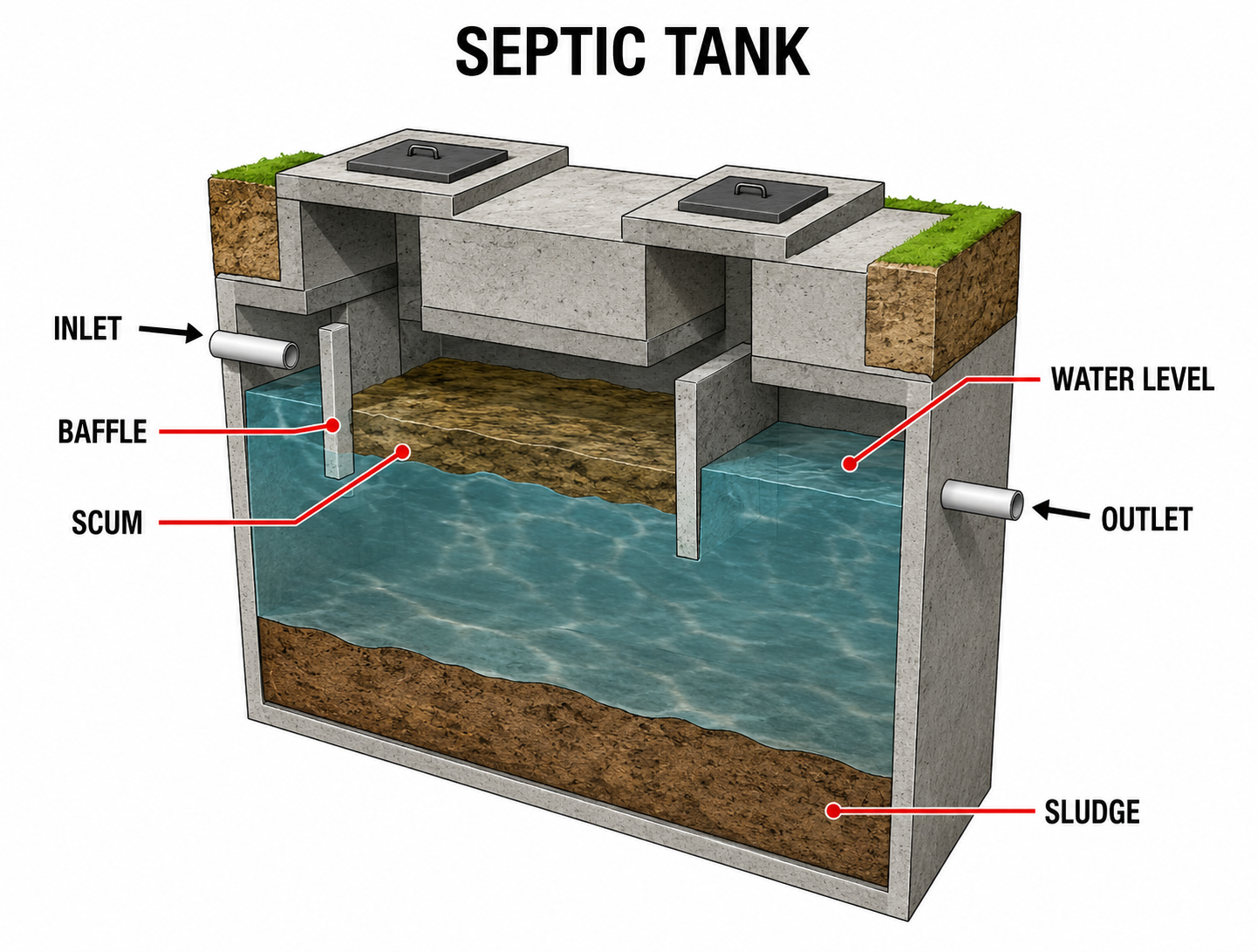 3D cross-section illustration of residential septic tank showing inlet pipe, baffle, scum layer, water level, outlet pipe, and sludge accumulation - septic tank pumping frequency guide
